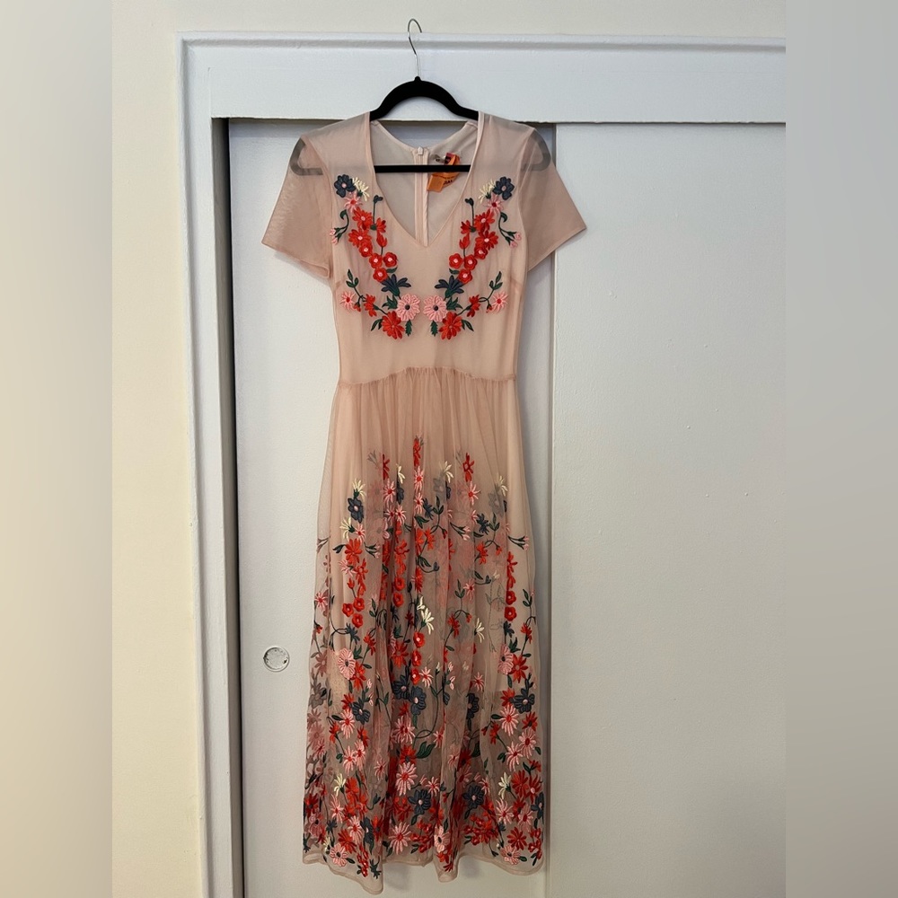 Maje Floral Embroidered Tulle Midi Dress